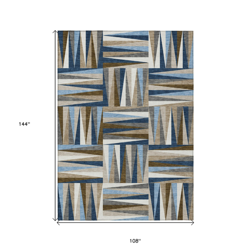 9' X 12' Navy Blue Brown And Beige Geometric Washable Indoor Outdoor Area Rug