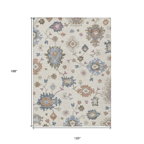 10' X 14' Ivory Brown And Blue Floral Washable Indoor Outdoor Area Rug