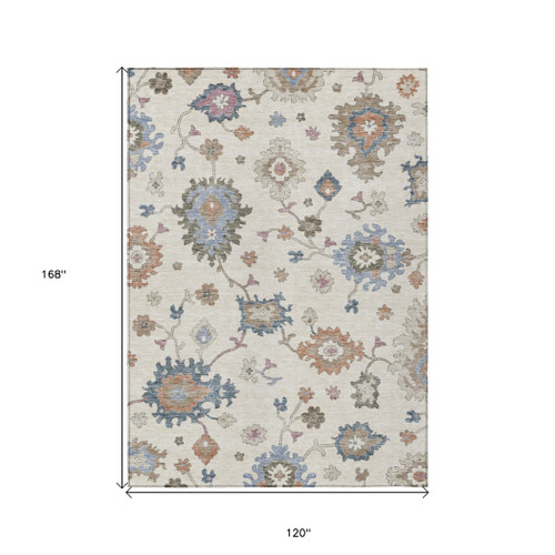 10' X 14' Ivory Brown And Blue Floral Washable Indoor Outdoor Area Rug
