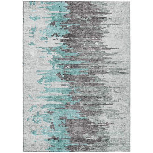 10' X 14' Teal Blue Charcoal And Silver Abstract Washable Indoor Outdoor Area Rug