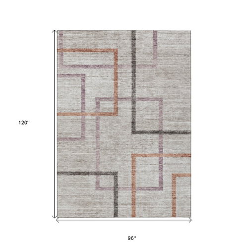 8' X 10' Taupe Charcoal And Copper Geometric Washable Indoor Outdoor Area Rug