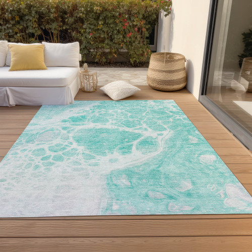 8' X 10' Aqua Teal Blue And Ivory Nautical Washable Indoor Outdoor Area Rug