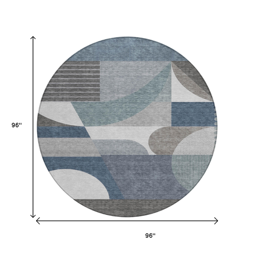 8' Gray Blue And Ivory Round Geometric Washable Indoor Outdoor Area Rug