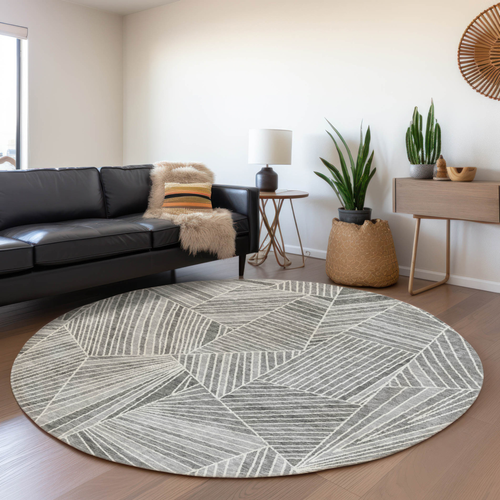 8' Gray And Ivory Round Geometric Washable Indoor Outdoor Area Rug