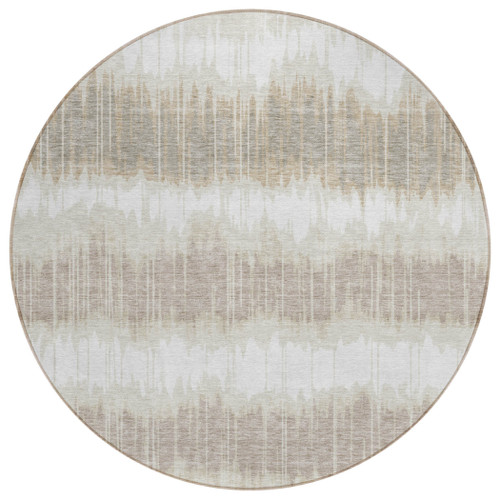 8' Ivory Beige And Taupe Round Striped Washable Indoor Outdoor Area Rug