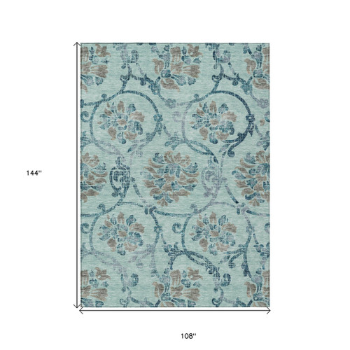 9' X 12' Teal Blue Gray And Aqua Floral Washable Indoor Outdoor Area Rug