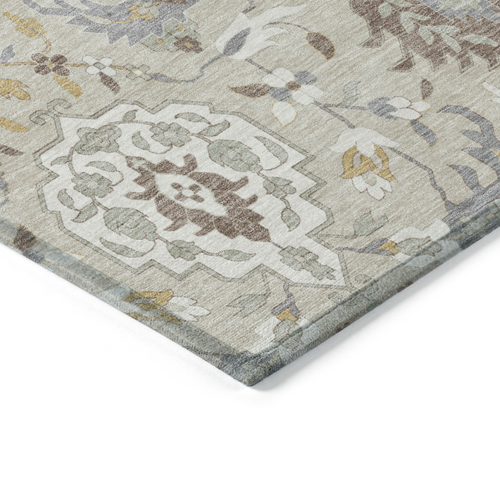 10' X 14' Beige Brown And Green Damask Washable Indoor Outdoor Area Rug