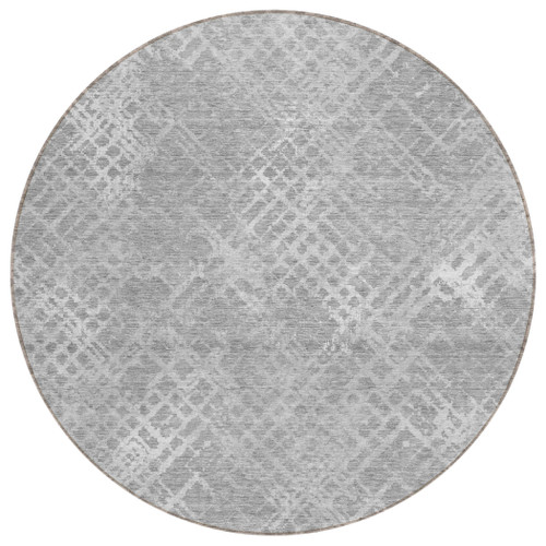 8' Gray And Silver Round Geometric Washable Indoor Outdoor Area Rug