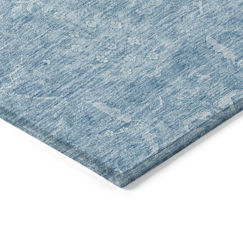 8' Sky Blue And Ivory Round Damask Washable Indoor Outdoor Area Rug