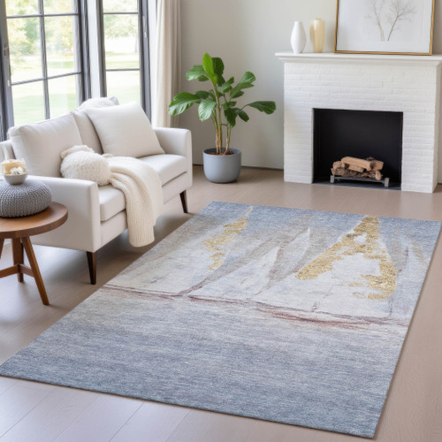 8' X 10' Blue And Gold Nautical Washable Indoor Outdoor Area Rug