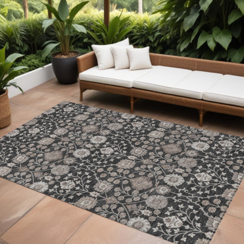 8' X 10' Black Brown And Beige Floral Washable Indoor Outdoor Area Rug