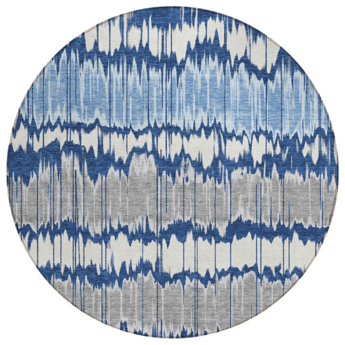 8' Navy Blue Ivory And Denim Blue Round Striped Washable Indoor Outdoor Area Rug