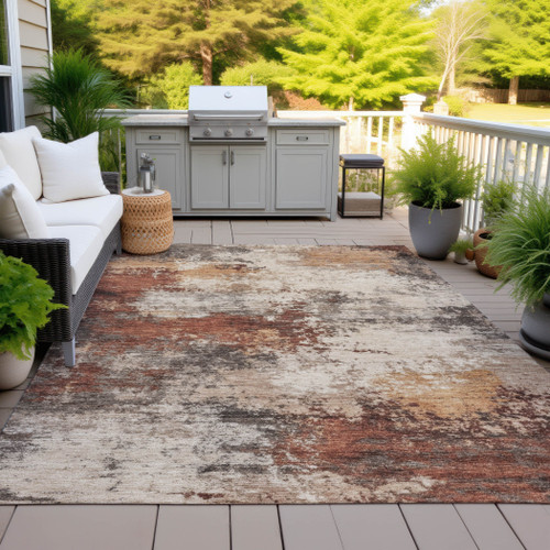 8' X 10' Rust And Beige Abstract Washable Indoor Outdoor Area Rug - Rust, Beige