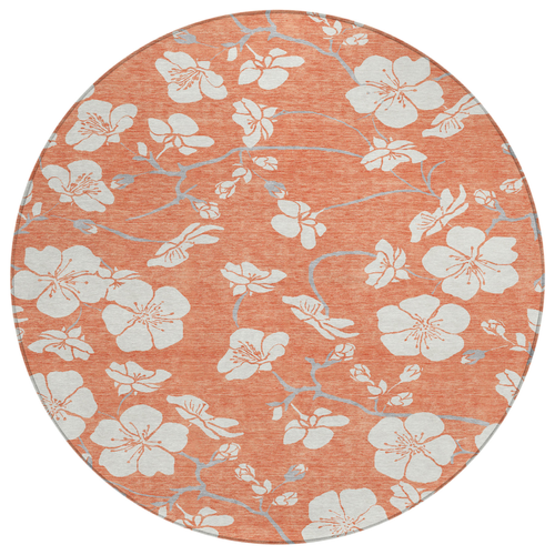 8' Coral Ivory And Gray Round Floral Washable Indoor Outdoor Area Rug