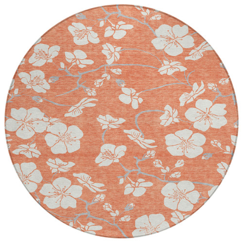 8' Coral Ivory And Gray Round Floral Washable Indoor Outdoor Area Rug