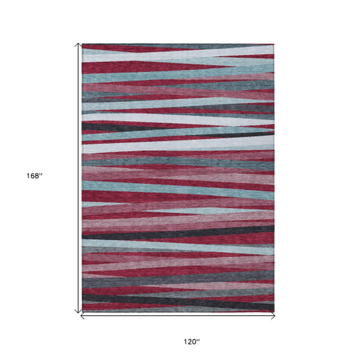 10' X 14' Burgundy Ivory And Blue Striped Washable Indoor Outdoor Area Rug