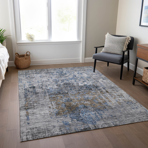 10' X 14' Blue And Gray Floral Washable Indoor Outdoor Area Rug