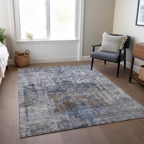 10' X 14' Blue And Gray Floral Washable Indoor Outdoor Area Rug