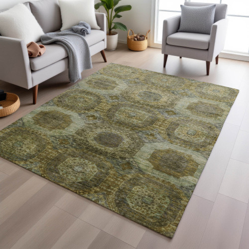 9' X 12' Gold And Beige Medallion Washable Indoor Outdoor Area Rug