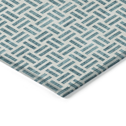10' X 14' Teal Blue And Ivory Geometric Washable Indoor Outdoor Area Rug