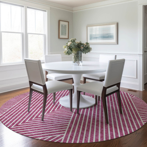 8' Blush And Ivory Round Geometric Washable Indoor Outdoor Area Rug