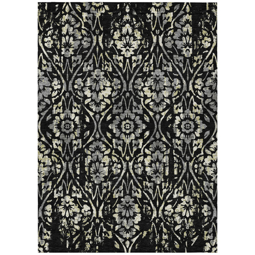 10' X 14' Black Gray And Ivory Floral Washable Indoor Outdoor Area Rug