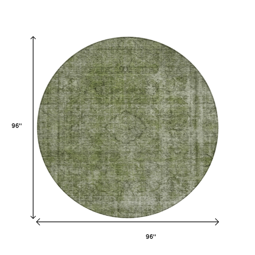 8' Green And Silver Round Medallion Washable Indoor Outdoor Area Rug
