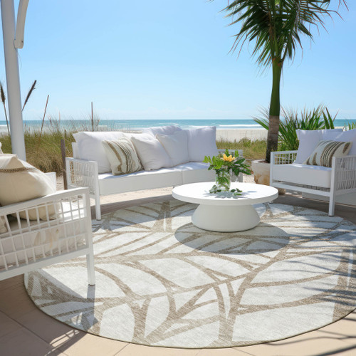 8' Beige And Brown Round Floral Washable Indoor Outdoor Area Rug