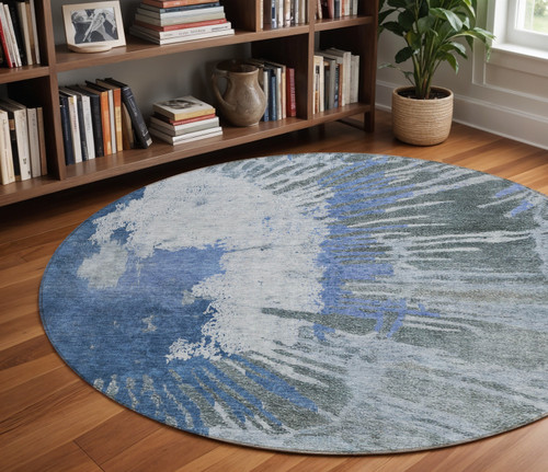 8' Denim Blue And Navy Blue Round Abstract Washable Indoor Outdoor Area Rug