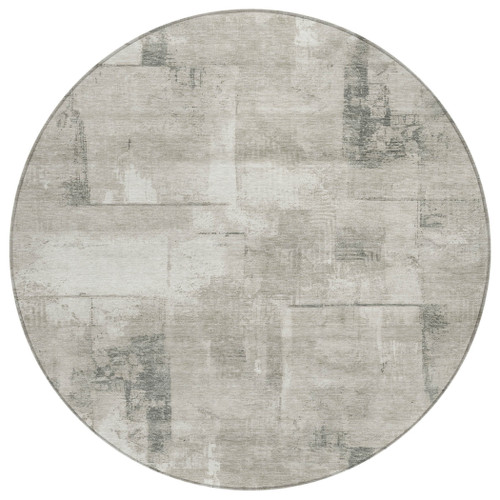 8' Beige And Gray Round Geometric Washable Indoor Outdoor Area Rug