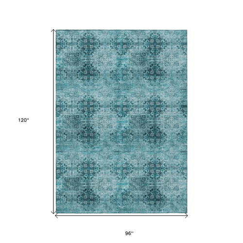 8' X 10' Teal Floral Medallion Washable Non Skid Indoor Outdoor Area Rug