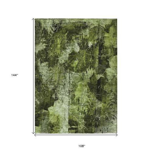 9' X 12' Green Floral Washable Non Skid Indoor Outdoor Area Rug