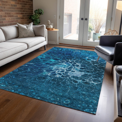 10' X 14' Navy Blue And Sky Blue Abstract Washable Indoor Outdoor Area Rug