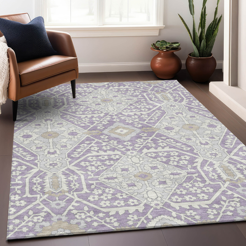 9' X 12' Lavender Gray And Beige Floral Washable Indoor Outdoor Area Rug