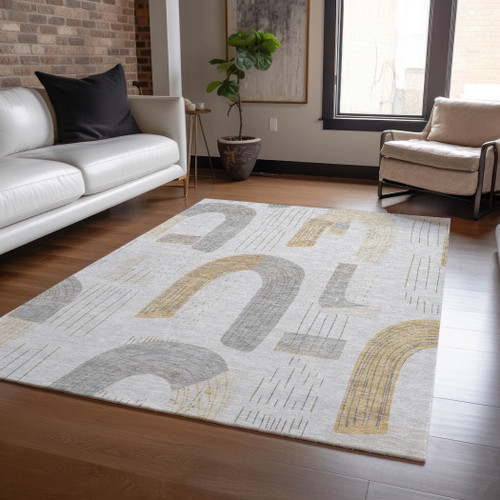 10' X 14' Silver And Gold Geometric Washable Indoor Outdoor Area Rug