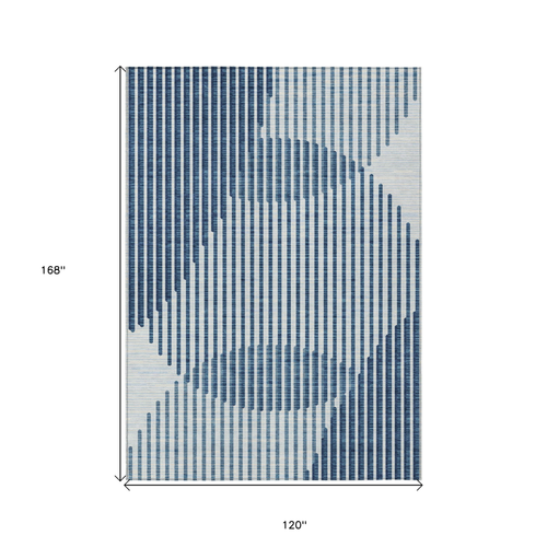10' X 14' Blue And Ivory Geometric Washable Indoor Outdoor Area Rug