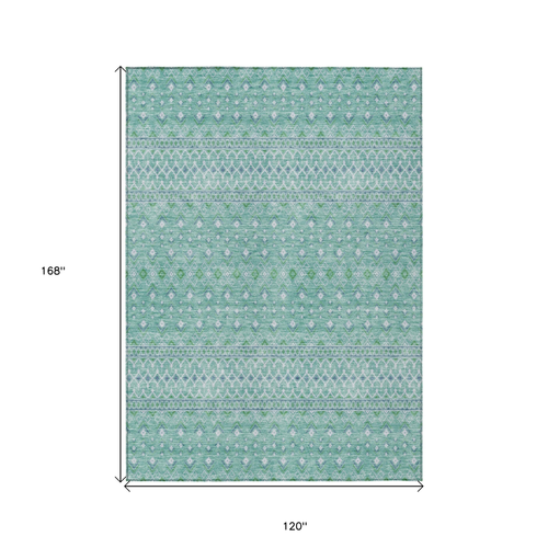 10' X 14' Aqua Teal Blue And Ivory Tribal Washable Indoor Outdoor Area Rug