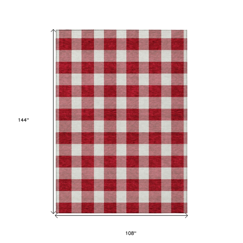 9' X 12' Red And Ivory Plaid Washable Indoor Outdoor Area Rug