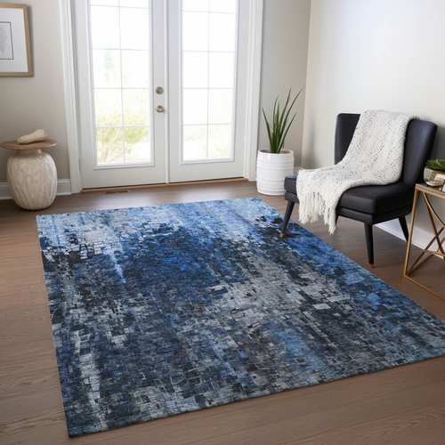 10' X 14' Navy Blue And Denim Blue Abstract Washable Indoor Outdoor Area Rug