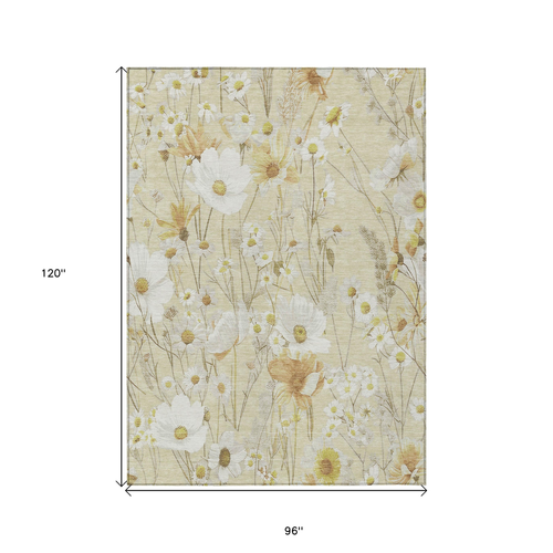 8' X 10' Wheat And Ivory Floral Washable Indoor Outdoor Area Rug