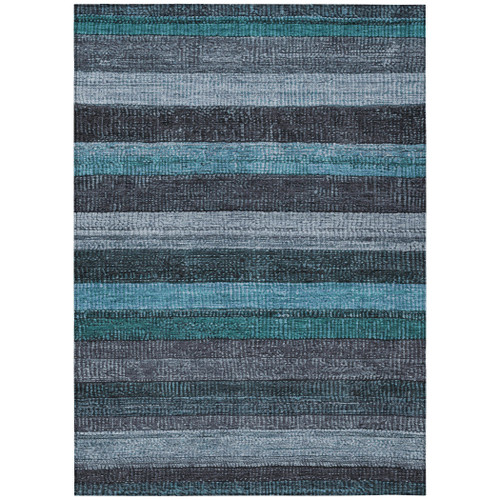9' X 12' Teal Blue And Gray Striped Washable Indoor Outdoor Area Rug - Teal Blue, Gray