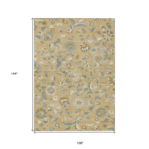 9' X 12' Wheat Blue And Ivory Floral Washable Indoor Outdoor Area Rug