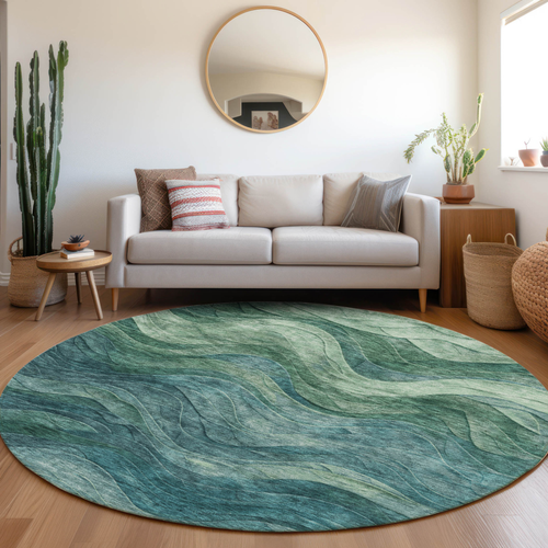 8' Teal Blue And Green Round Abstract Washable Indoor Outdoor Area Rug