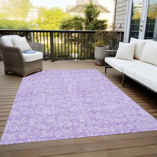 10' X 14' Lilac And Ivory Floral Washable Indoor Outdoor Area Rug