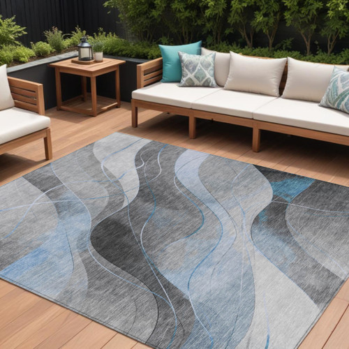 8' X 10' Sky Blue Gray And Silver Abstract Washable Indoor Outdoor Area Rug