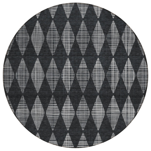 8' Charcoal Round Geometric Washable Indoor Outdoor Area Rug