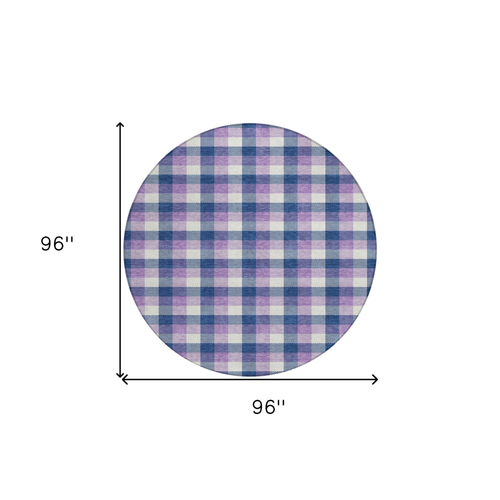 8' Navy Blue Purple And Beige Round Plaid Washable Indoor Outdoor Area Rug