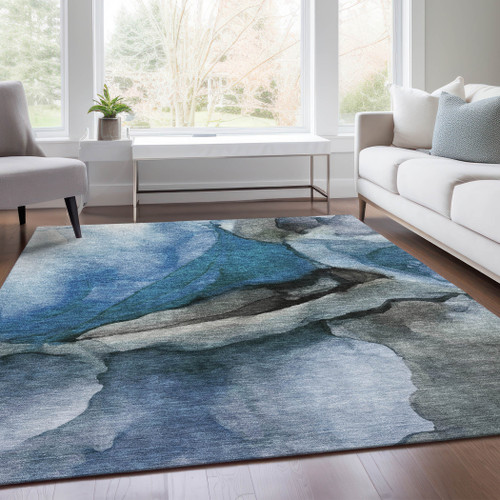 10' X 14' Blue And Gray Abstract Washable Indoor Outdoor Area Rug - Blue, Gray