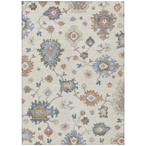 8' X 10' Ivory Brown And Blue Floral Washable Indoor Outdoor Area Rug