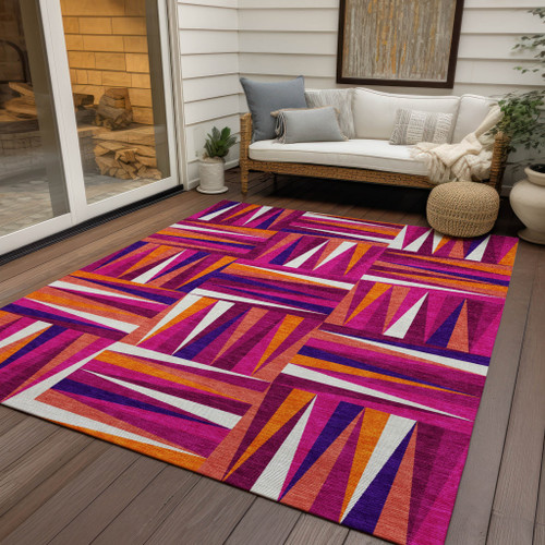 8' X 10' Red Purple And Copper Geometric Washable Indoor Outdoor Area Rug